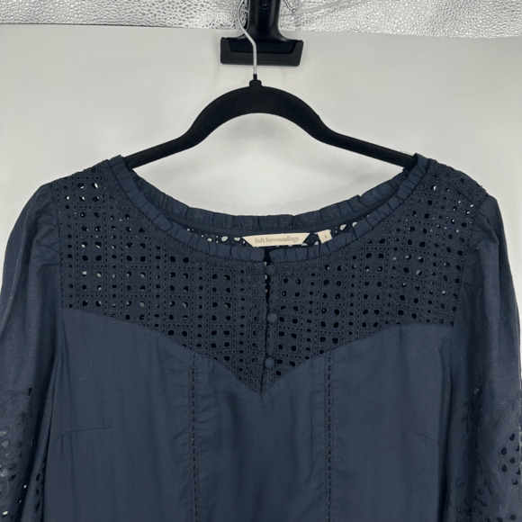 Soft Surroundings Womens S Alejandra Peplum Top Eyelet Bell Sleeves Tunic Navy - Picture 7 of 9